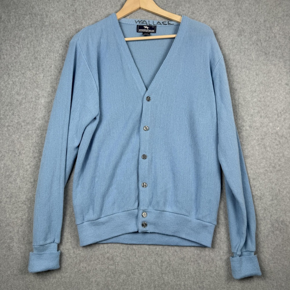 VTG Steeplechase Cardigan Sweater Mens Medium Blue Orlon Knit Grandpacore USA‎